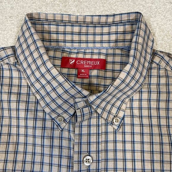 Cremieux Slim Fit Mens XL Plaid Button Down Shirt Tan Blue Long Sleeve Stretch - Picture 3 of 7